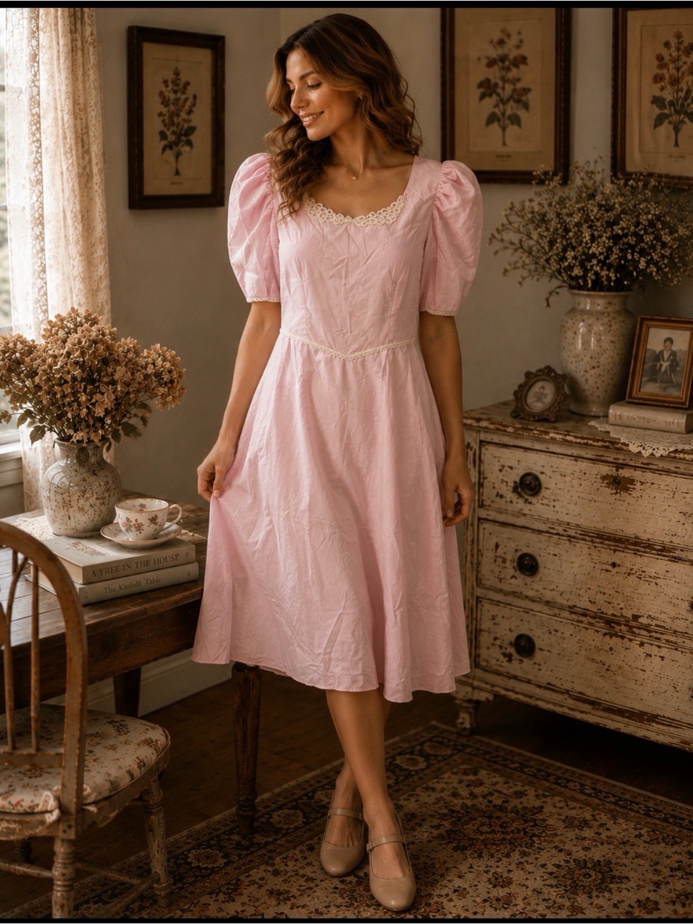 Vintage Pink Puff Sleeve maxi handmade Dress size small